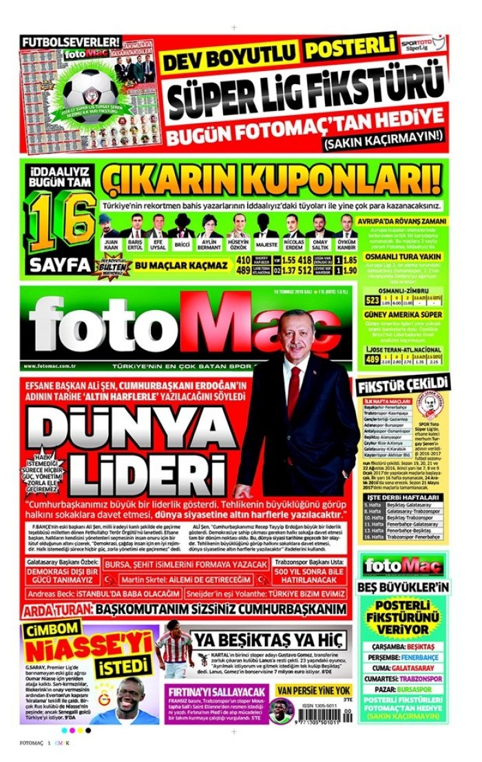 Günün gazete manşetleri  19 Temmuz 2016