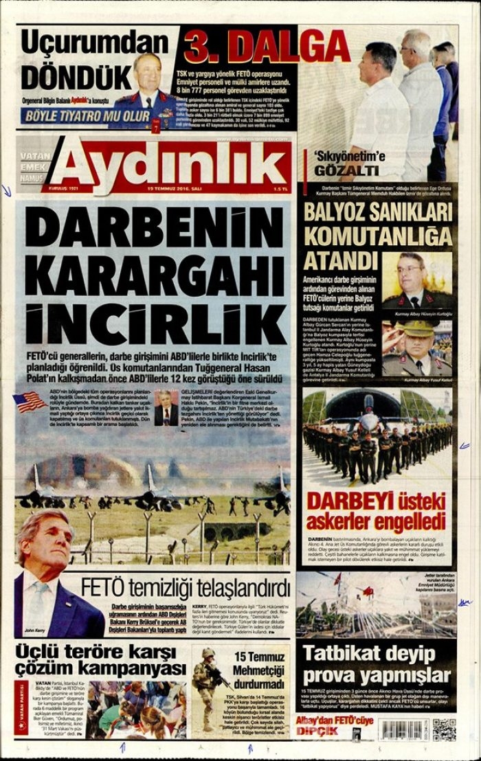 Günün gazete manşetleri  19 Temmuz 2016