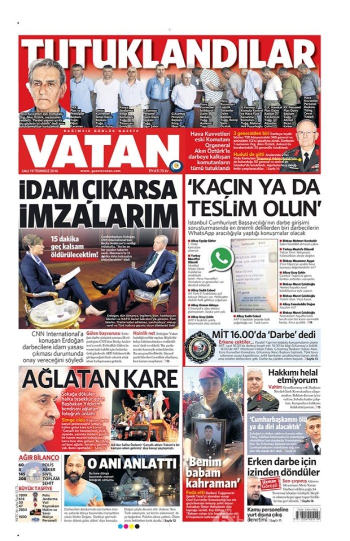 Günün gazete manşetleri  19 Temmuz 2016