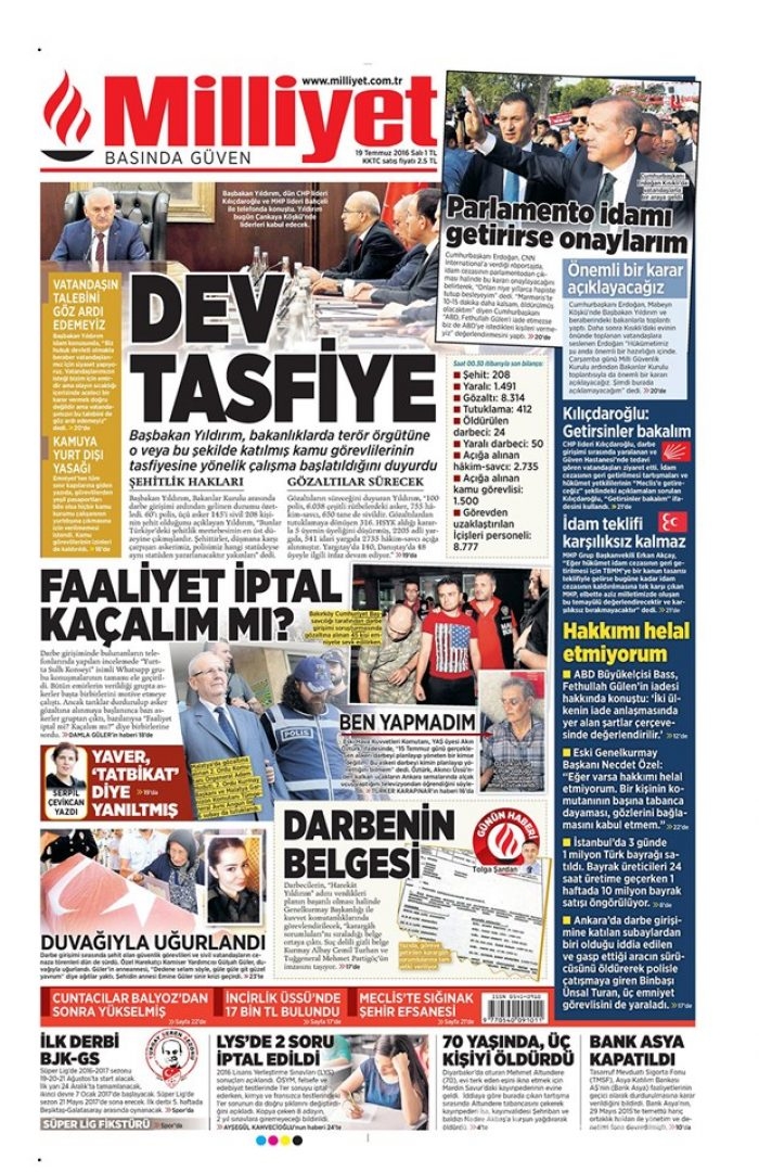 Günün gazete manşetleri  19 Temmuz 2016