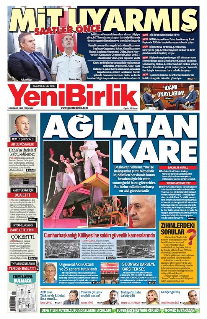 Günün gazete manşetleri  19 Temmuz 2016