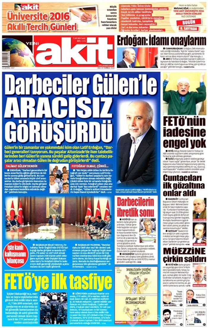 Günün gazete manşetleri  19 Temmuz 2016