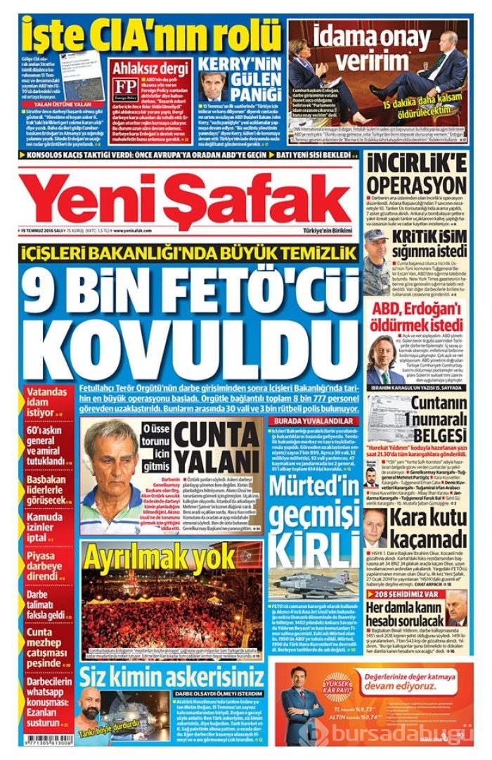 Günün gazete manşetleri  19 Temmuz 2016