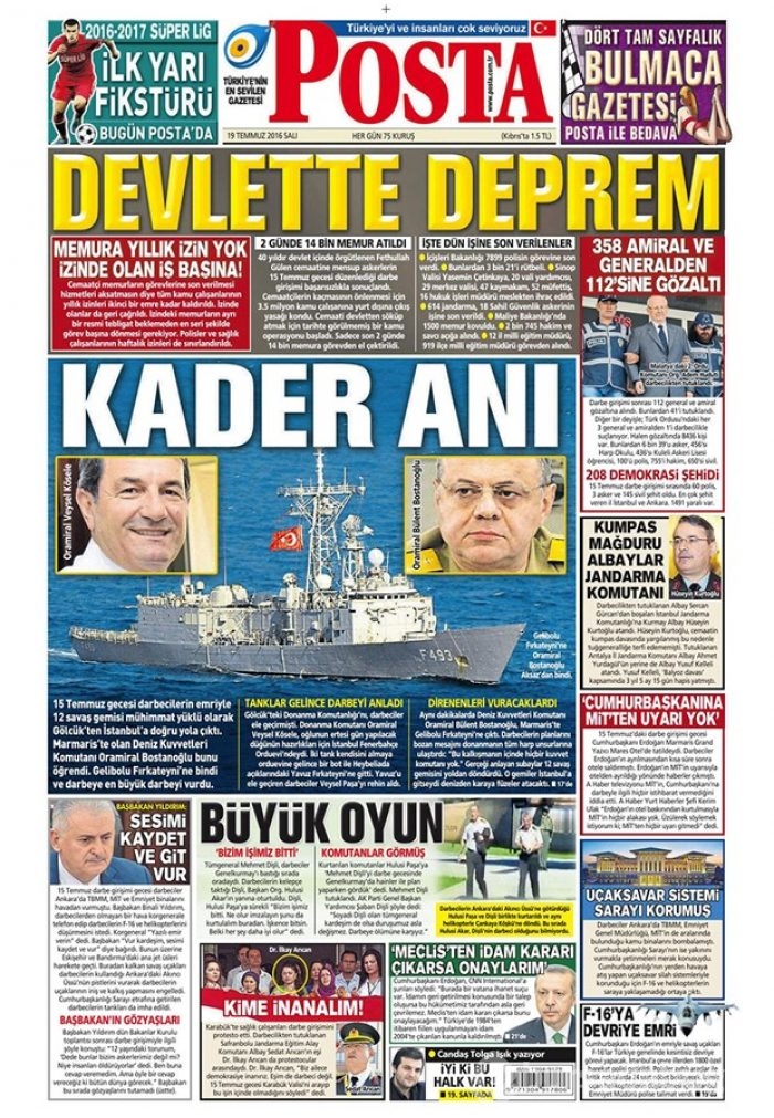 Günün gazete manşetleri  19 Temmuz 2016