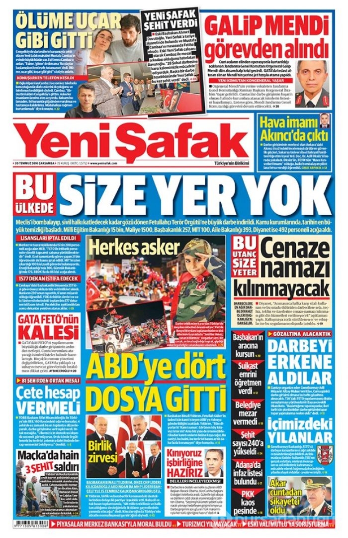 Günün gazete manşetleri 20 Temmuz 2016