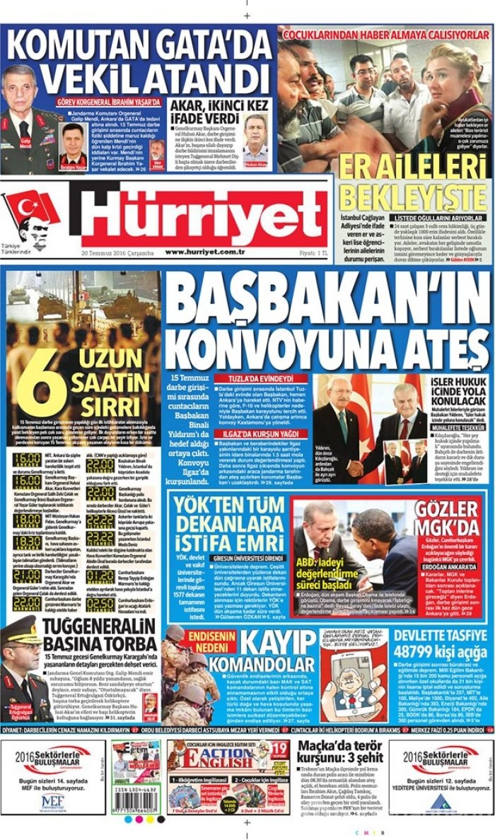 Günün gazete manşetleri 20 Temmuz 2016
