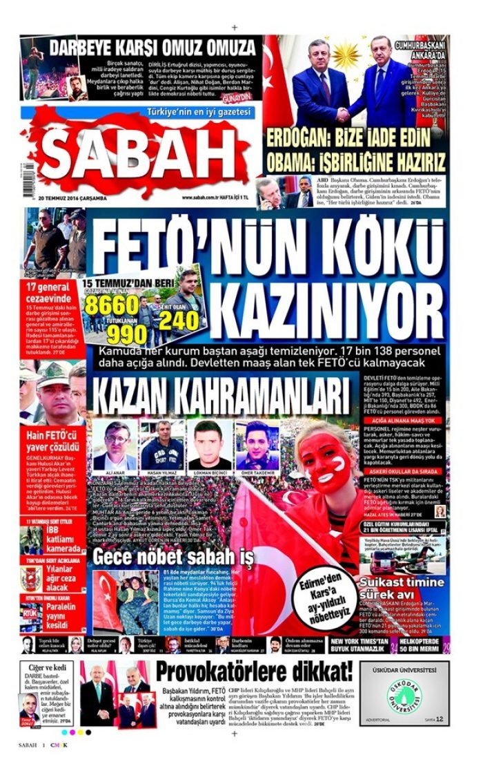 Günün gazete manşetleri 20 Temmuz 2016
