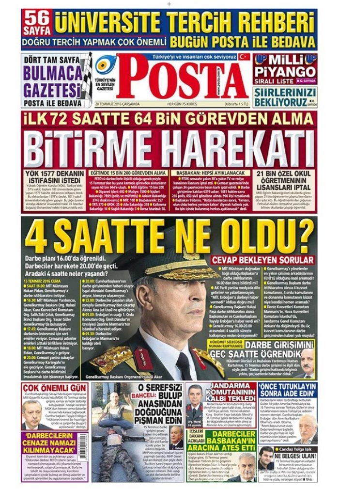 Günün gazete manşetleri 20 Temmuz 2016