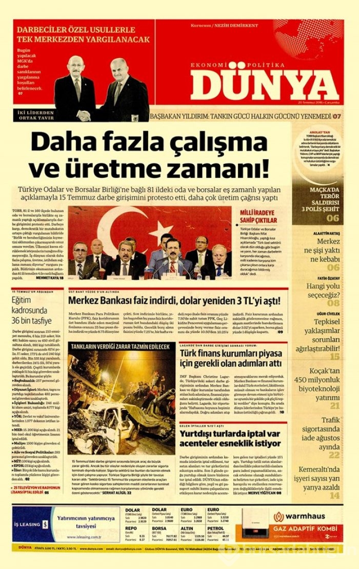 Günün gazete manşetleri 20 Temmuz 2016