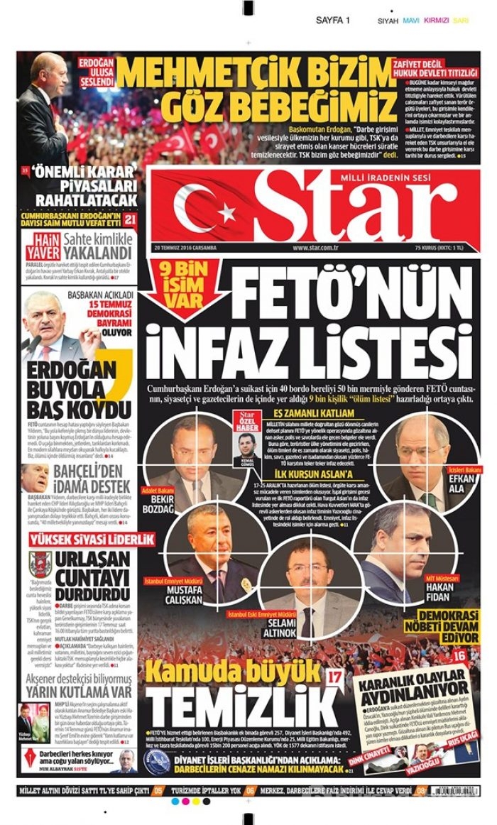 Günün gazete manşetleri 20 Temmuz 2016