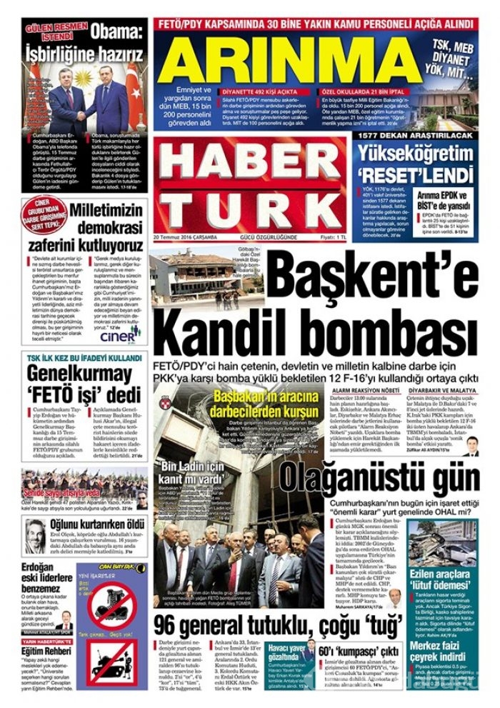 Günün gazete manşetleri 20 Temmuz 2016