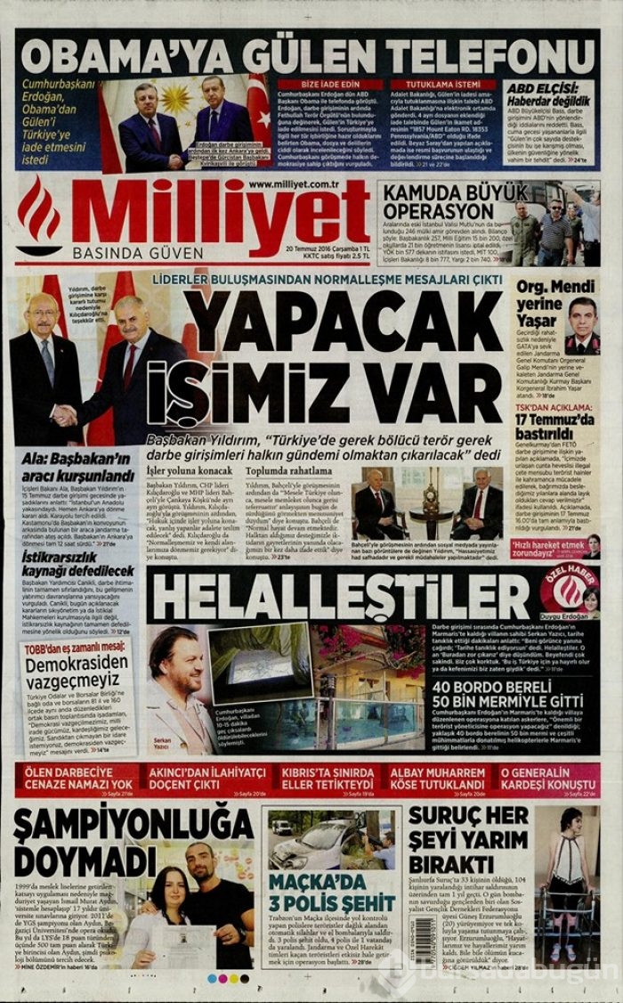 Günün gazete manşetleri 20 Temmuz 2016