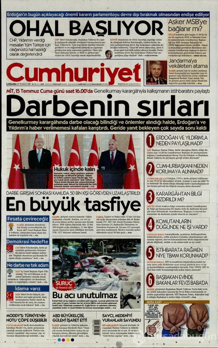 Günün gazete manşetleri 20 Temmuz 2016