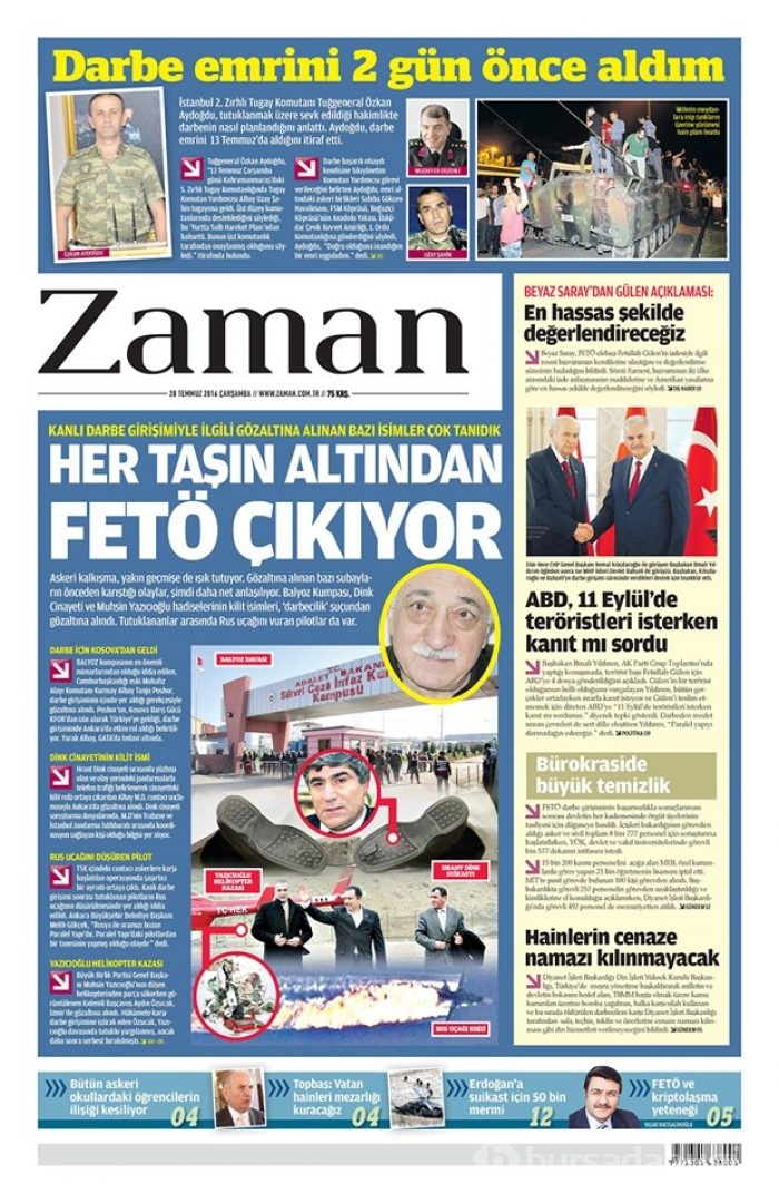 Günün gazete manşetleri 20 Temmuz 2016