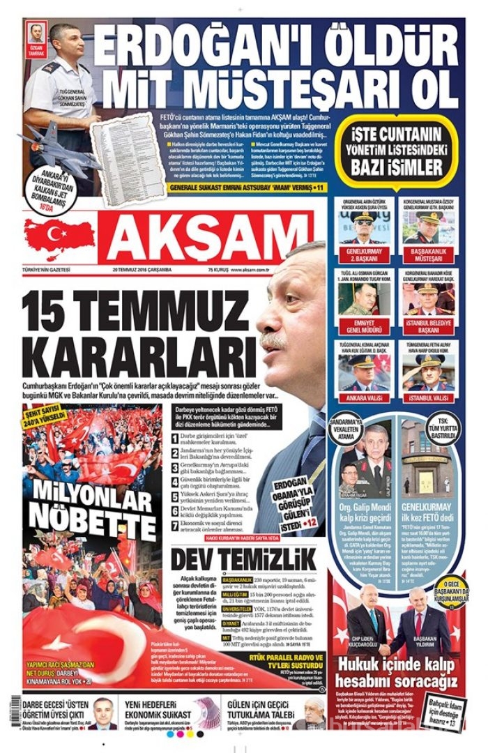 Günün gazete manşetleri 20 Temmuz 2016