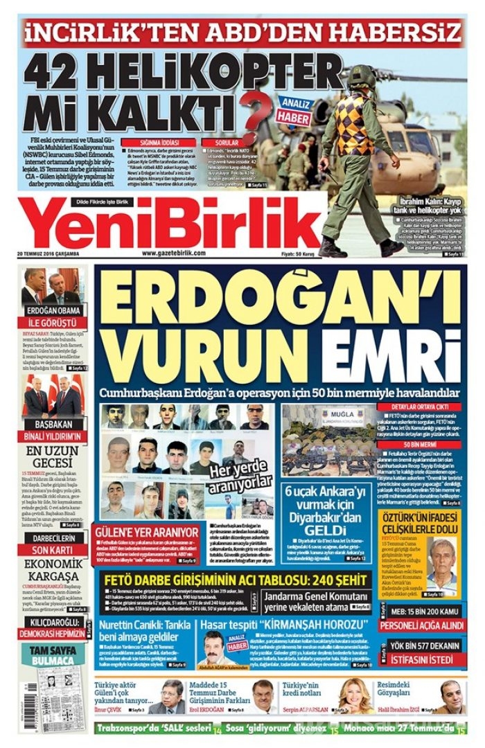 Günün gazete manşetleri 20 Temmuz 2016