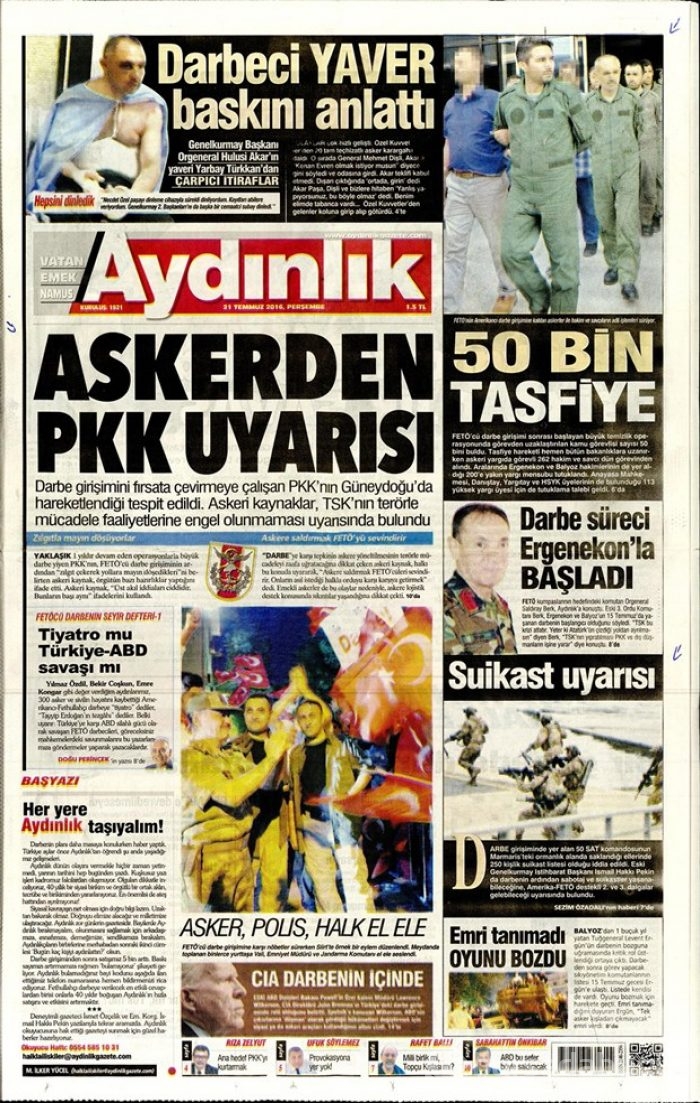 Günün gazete manşetleri 21 Temmuz 2016