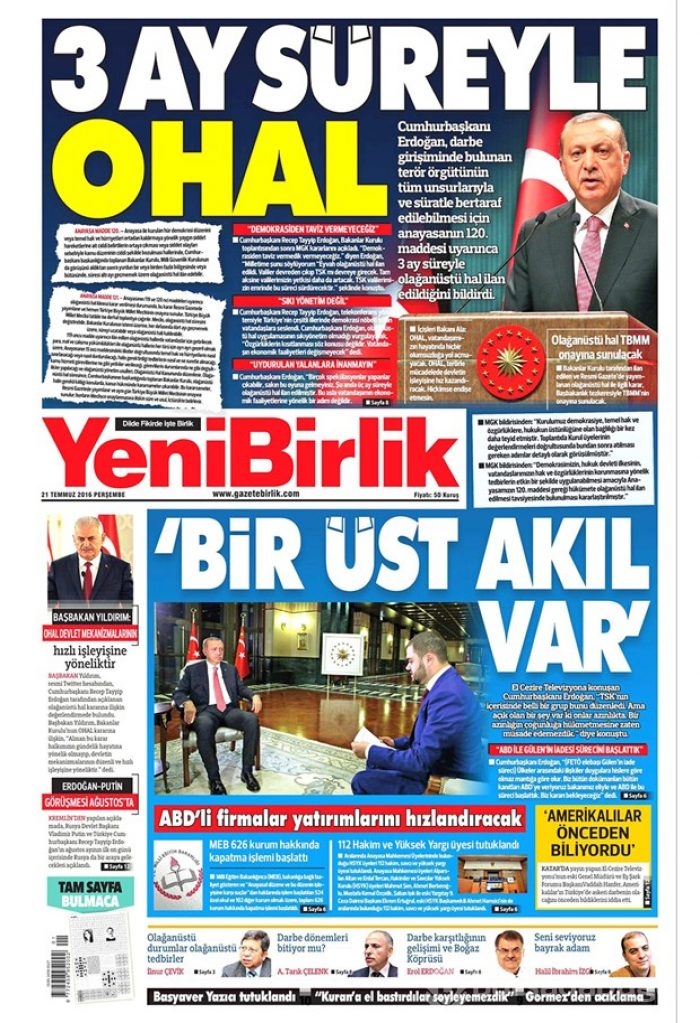 Günün gazete manşetleri 21 Temmuz 2016
