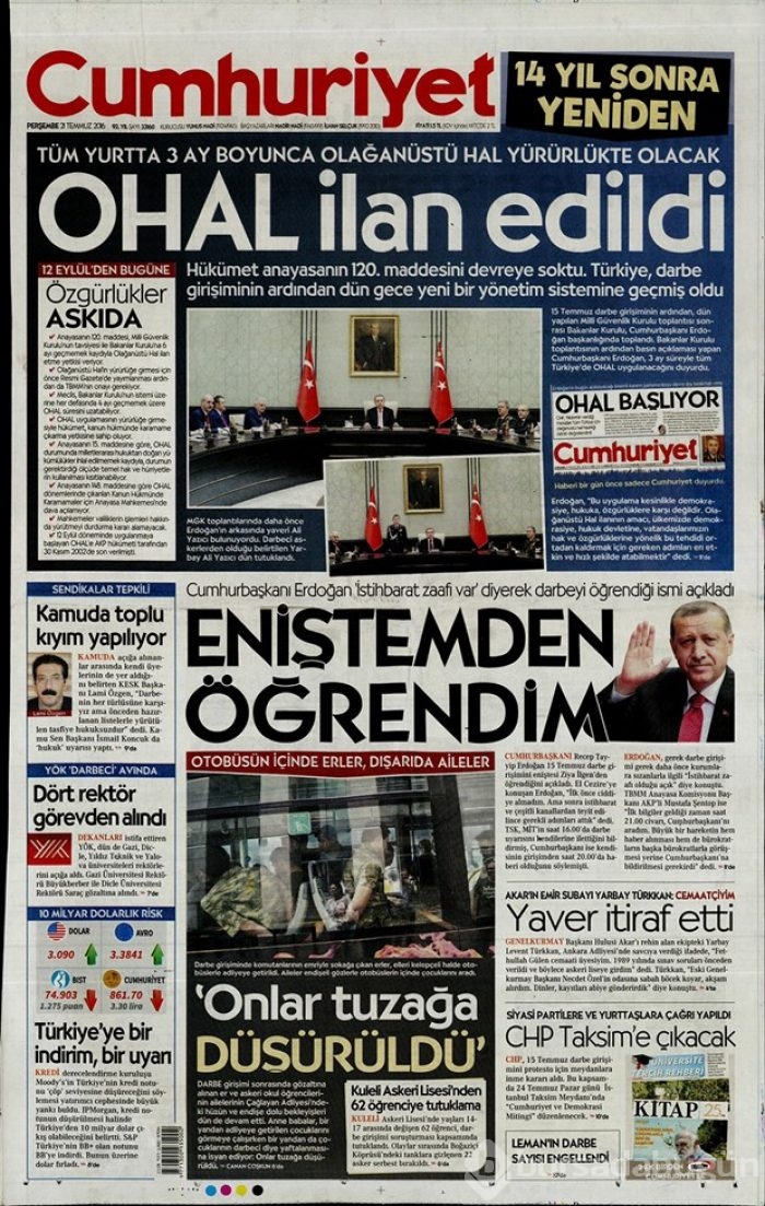 Günün gazete manşetleri 21 Temmuz 2016