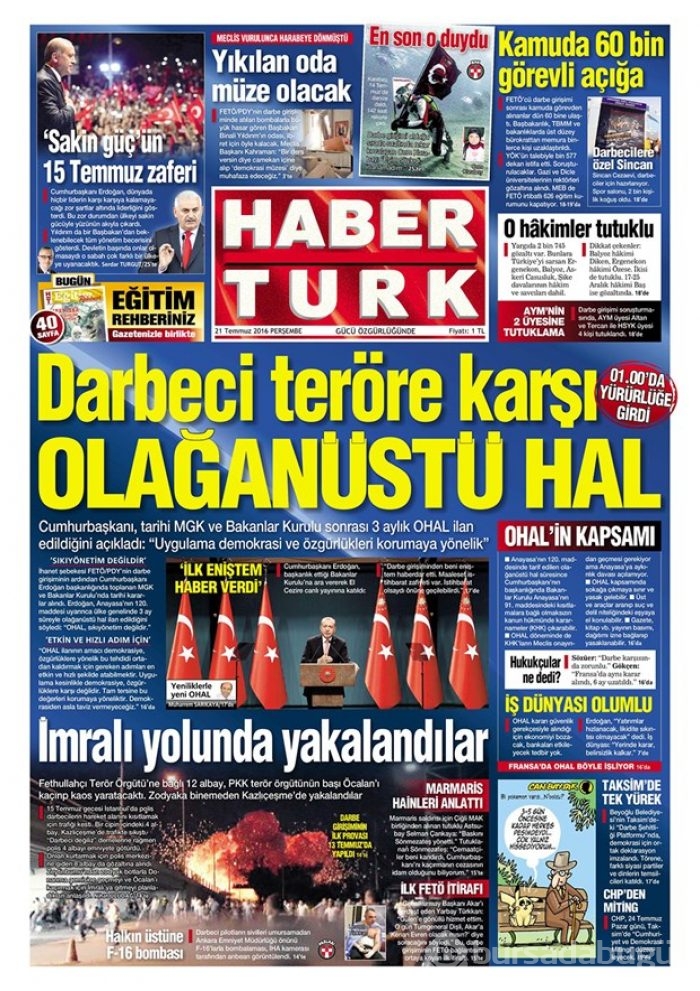 Günün gazete manşetleri 21 Temmuz 2016