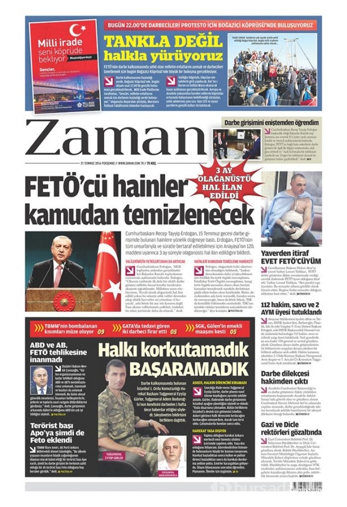 Günün gazete manşetleri 21 Temmuz 2016