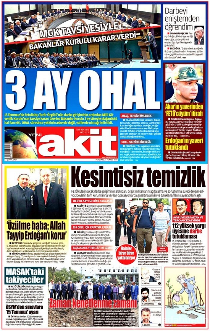 Günün gazete manşetleri 21 Temmuz 2016