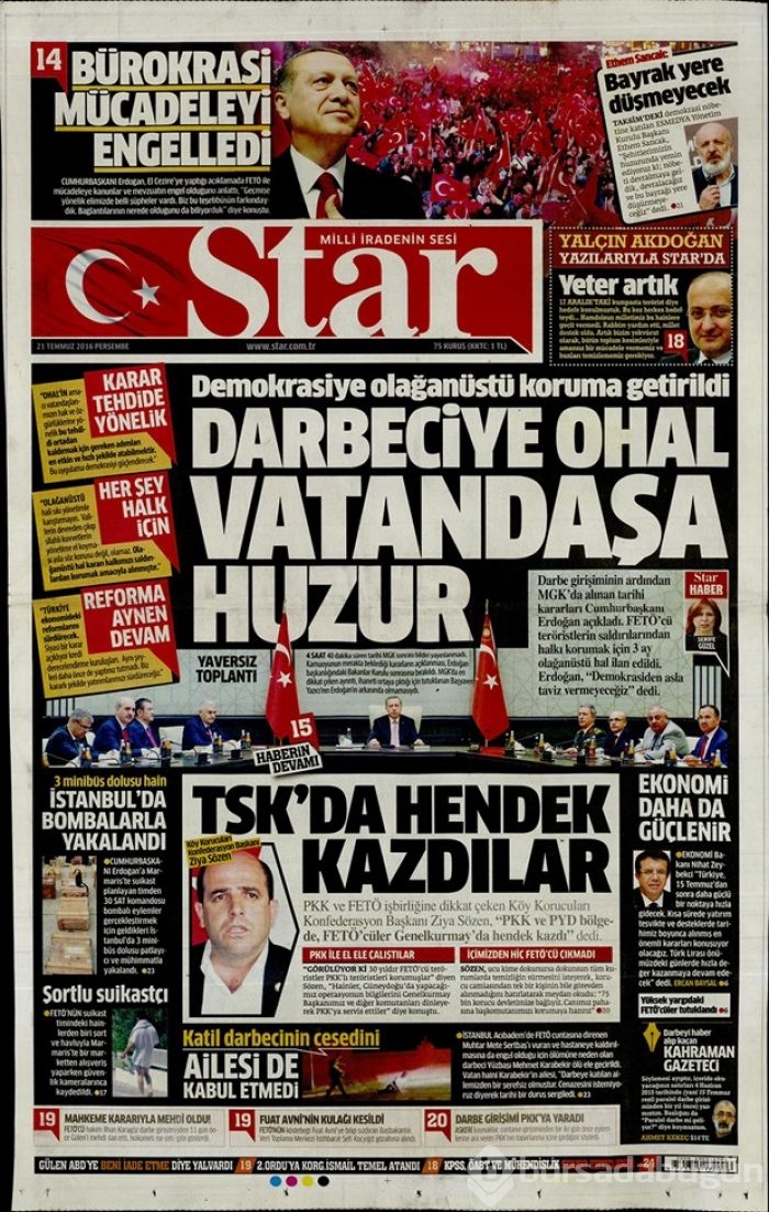 Günün gazete manşetleri 21 Temmuz 2016