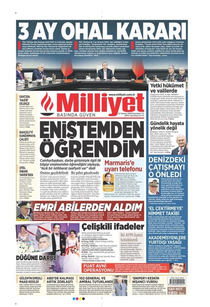Günün gazete manşetleri 21 Temmuz 2016