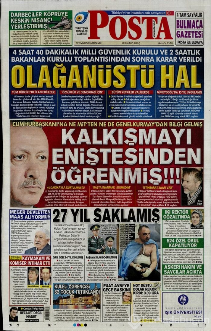 Günün gazete manşetleri 21 Temmuz 2016