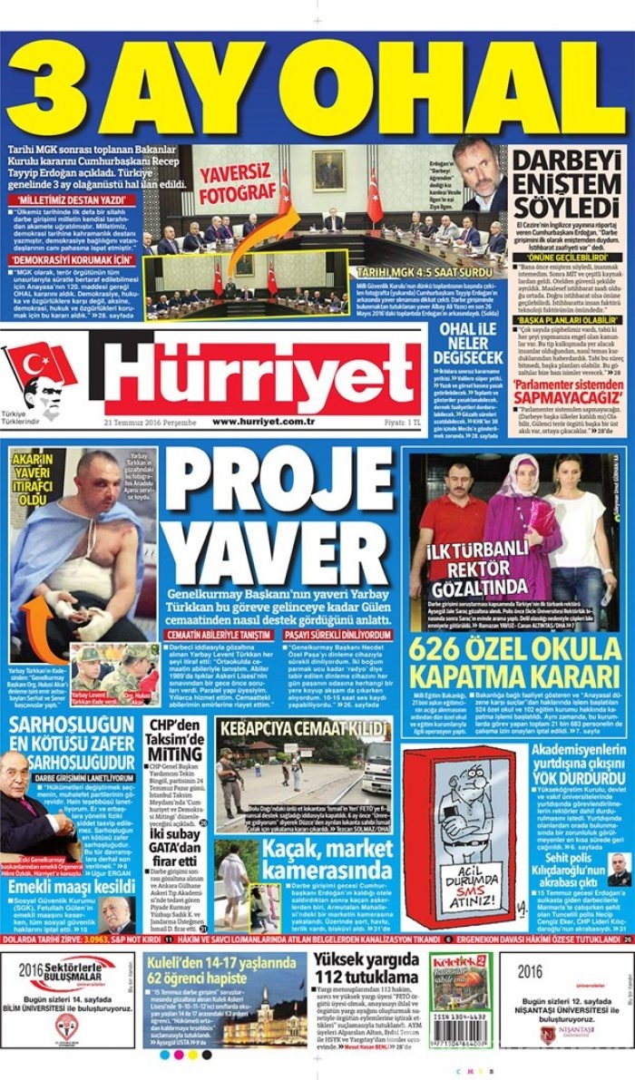 Günün gazete manşetleri 21 Temmuz 2016