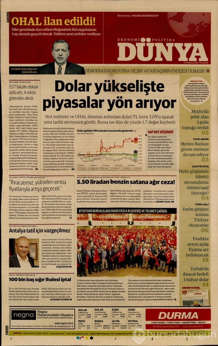 Günün gazete manşetleri 21 Temmuz 2016