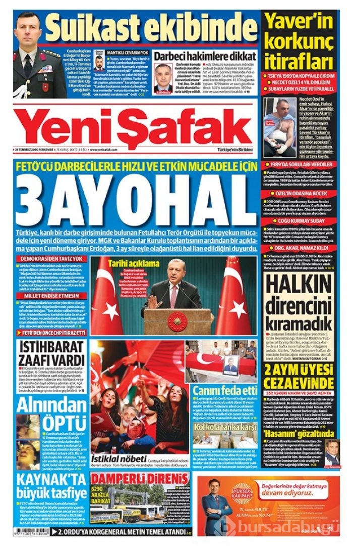 Günün gazete manşetleri 21 Temmuz 2016