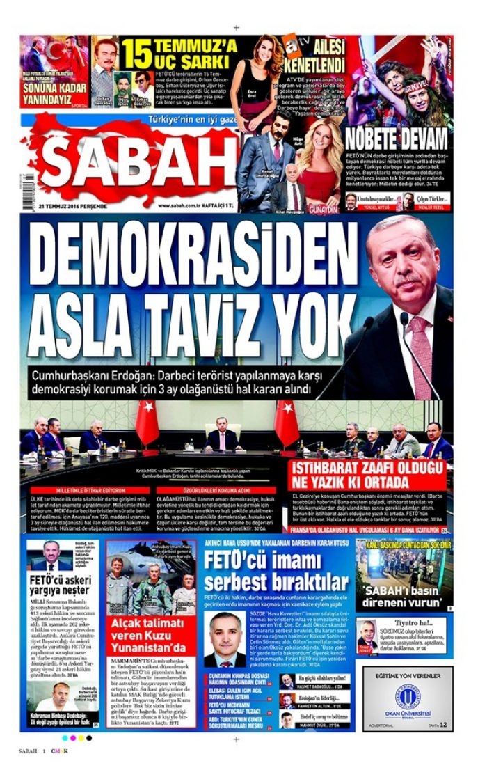 Günün gazete manşetleri 21 Temmuz 2016