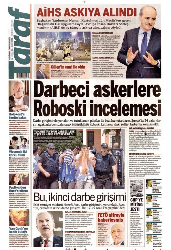 Günün gazete manşetleri 22 Temmuz 2016