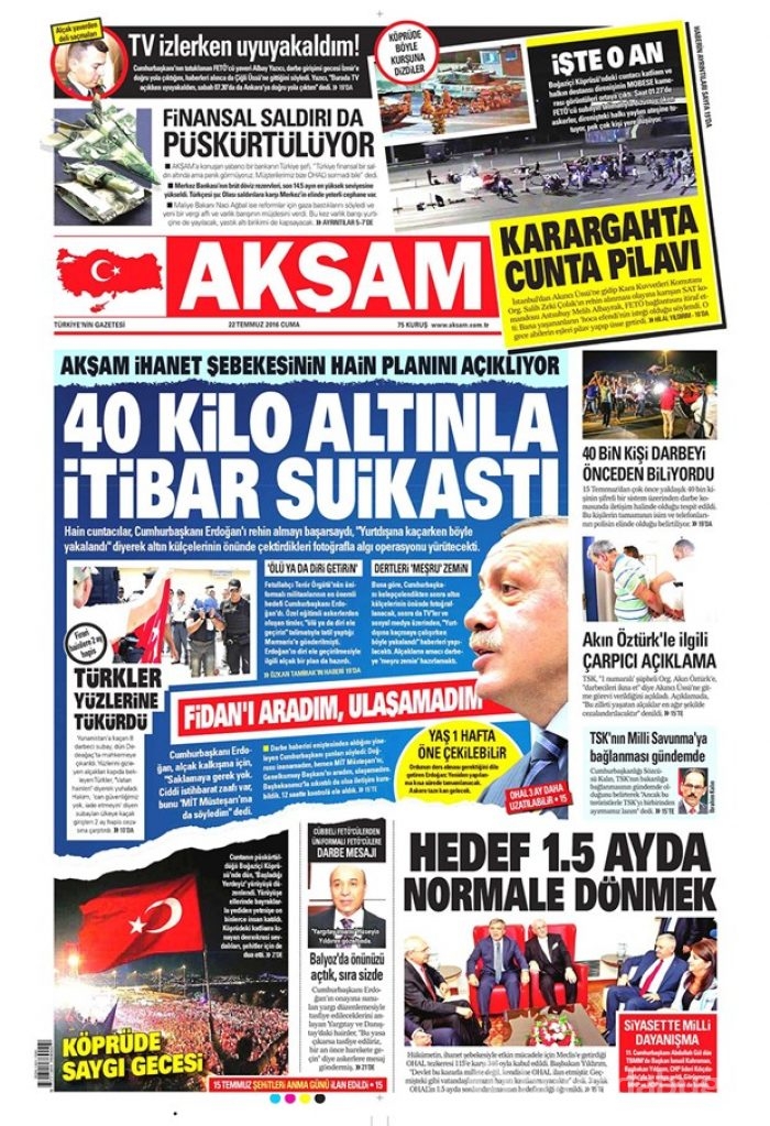 Günün gazete manşetleri 22 Temmuz 2016