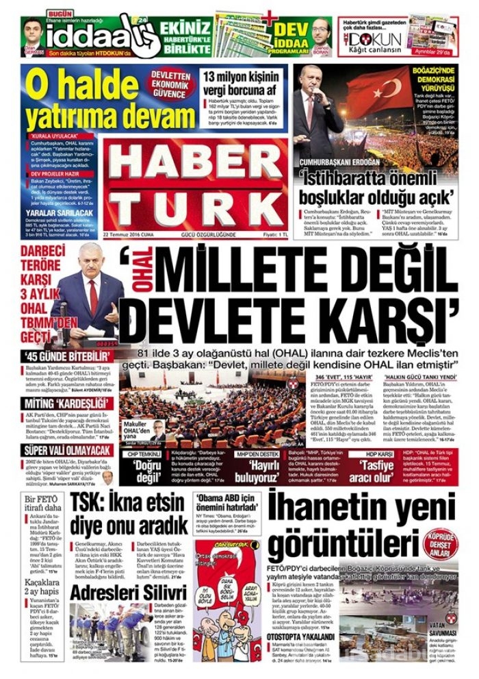 Günün gazete manşetleri 22 Temmuz 2016