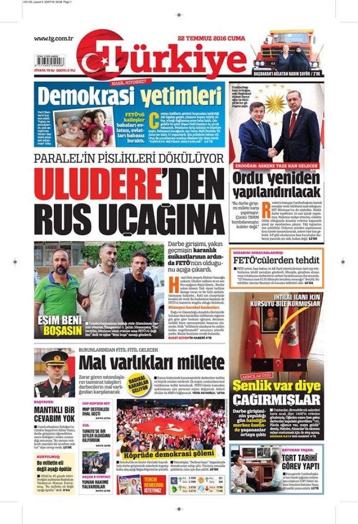 Günün gazete manşetleri 22 Temmuz 2016