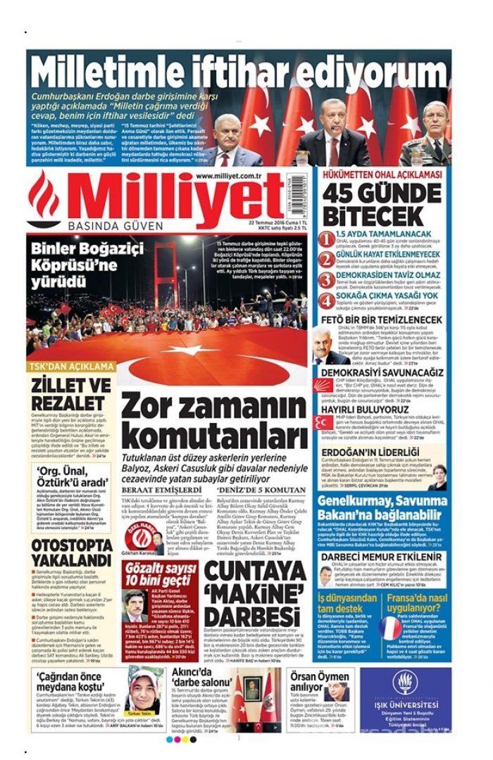 Günün gazete manşetleri 22 Temmuz 2016