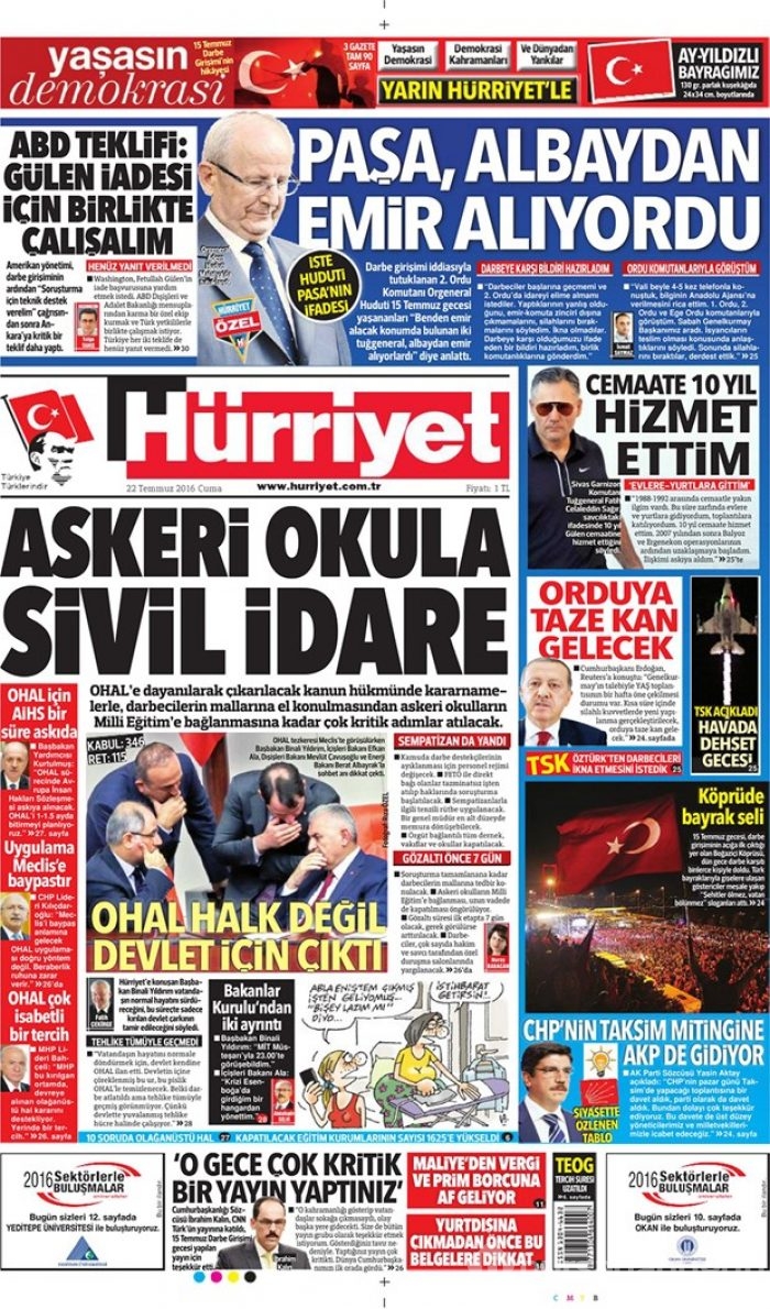 Günün gazete manşetleri 22 Temmuz 2016