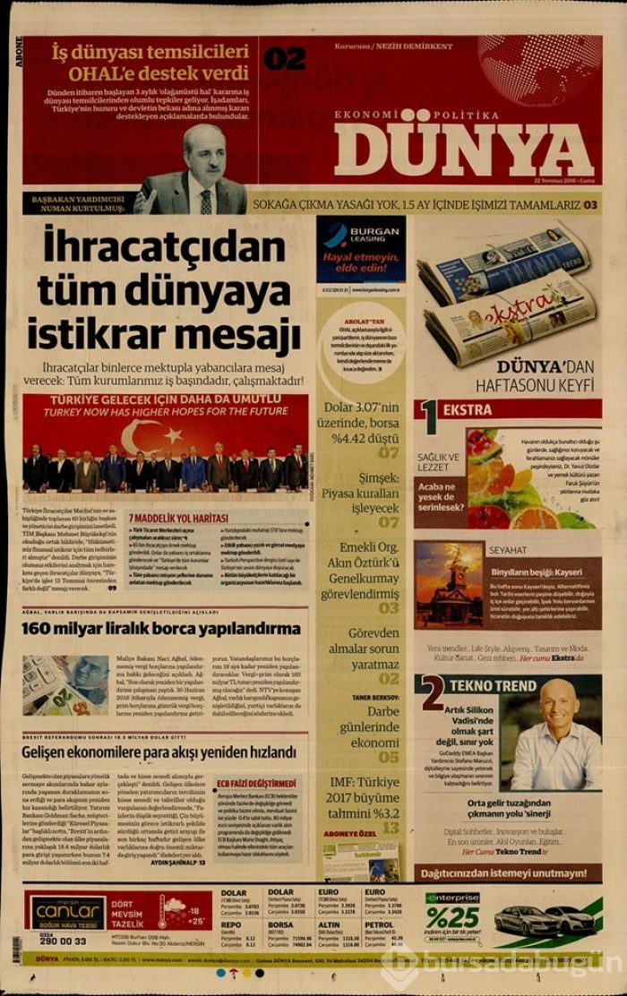 Günün gazete manşetleri 22 Temmuz 2016