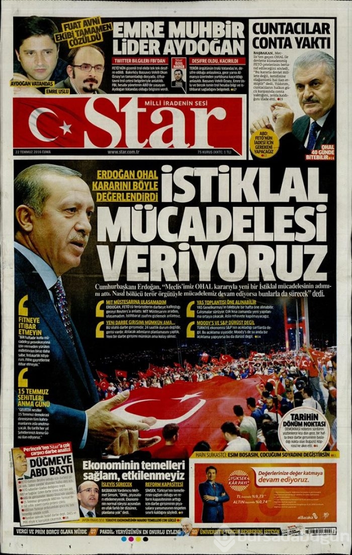 Günün gazete manşetleri 22 Temmuz 2016