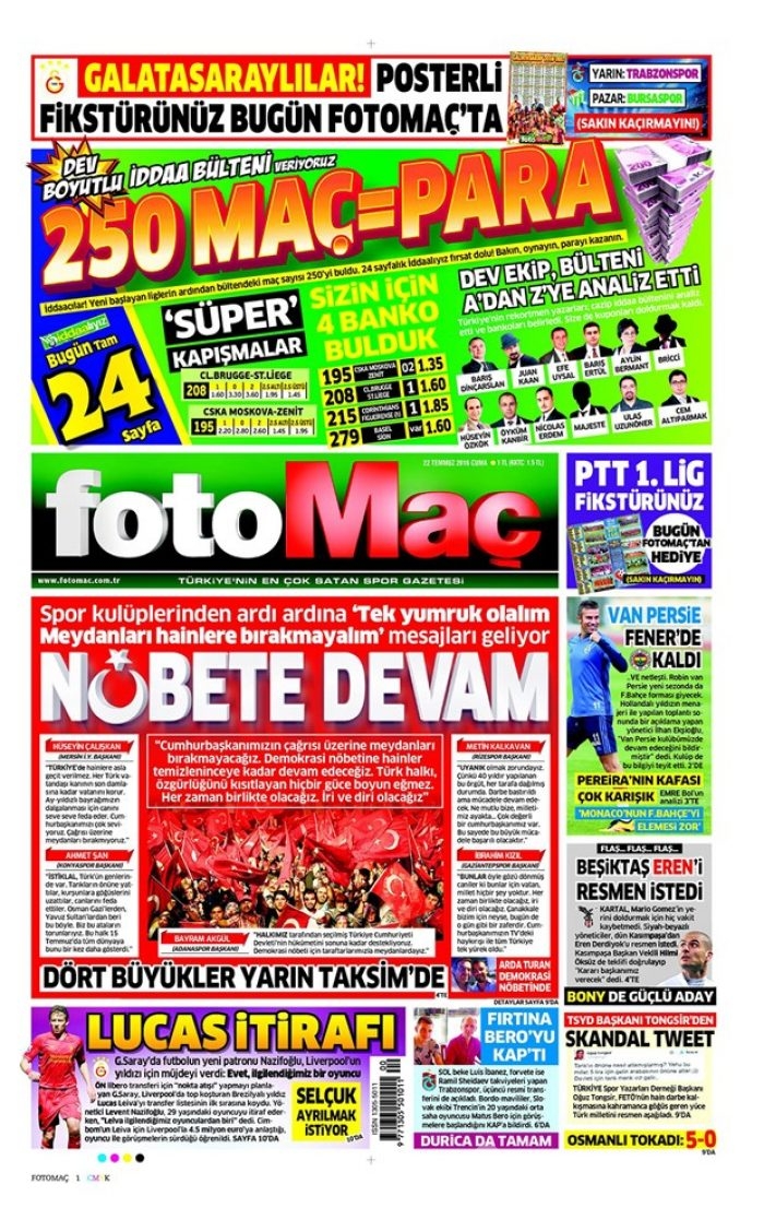 Günün gazete manşetleri 22 Temmuz 2016