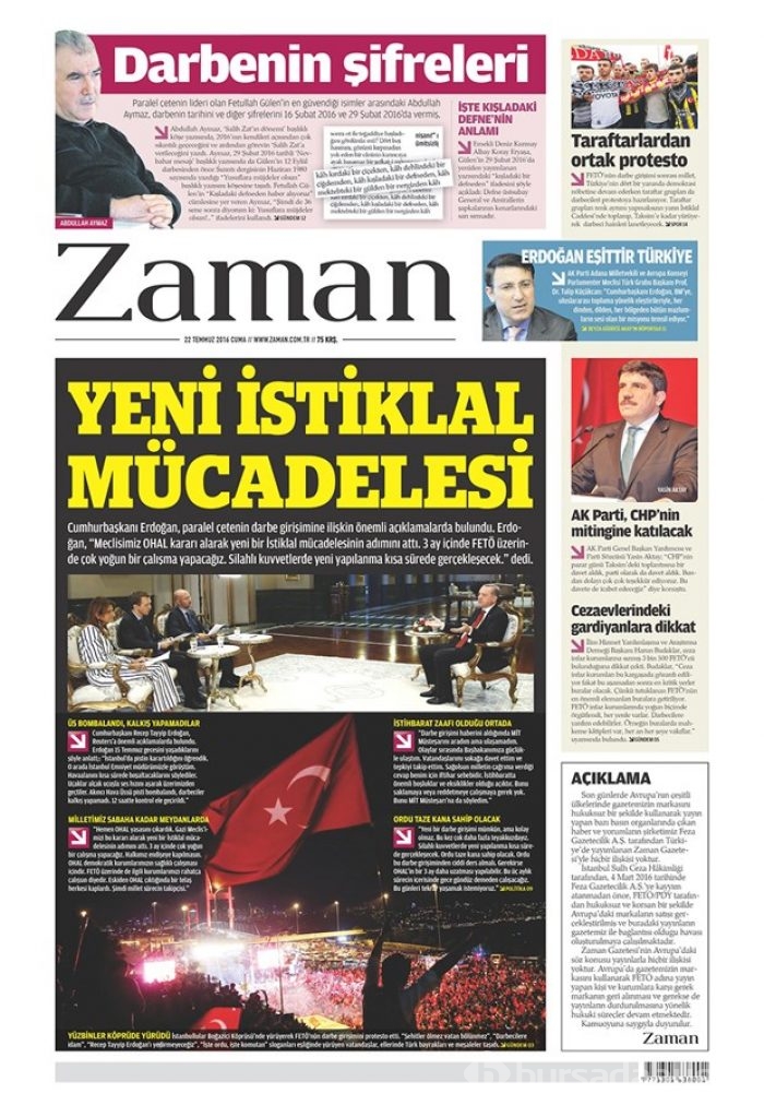 Günün gazete manşetleri 22 Temmuz 2016
