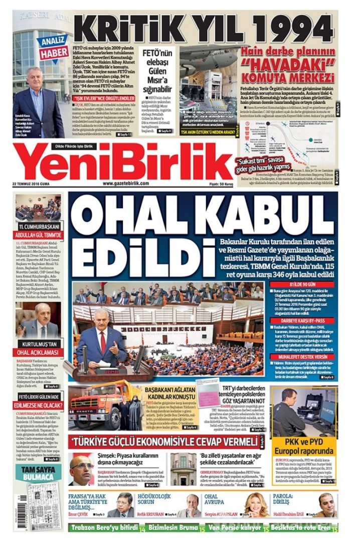 Günün gazete manşetleri 22 Temmuz 2016