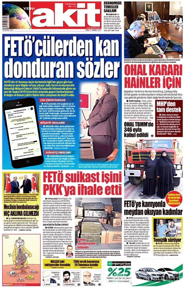Günün gazete manşetleri 22 Temmuz 2016