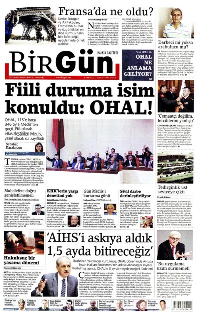 Günün gazete manşetleri 22 Temmuz 2016
