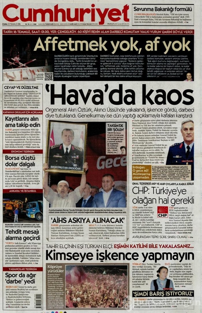Günün gazete manşetleri 22 Temmuz 2016