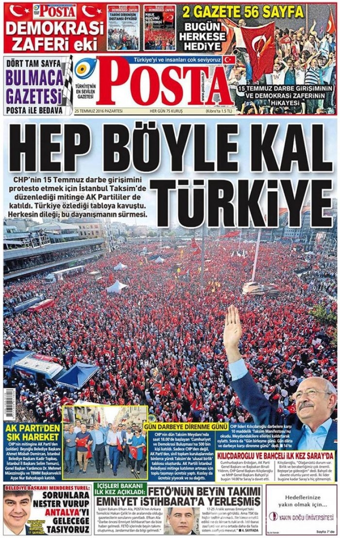 Günün gazete manşetleri  25 Temmuz 2016