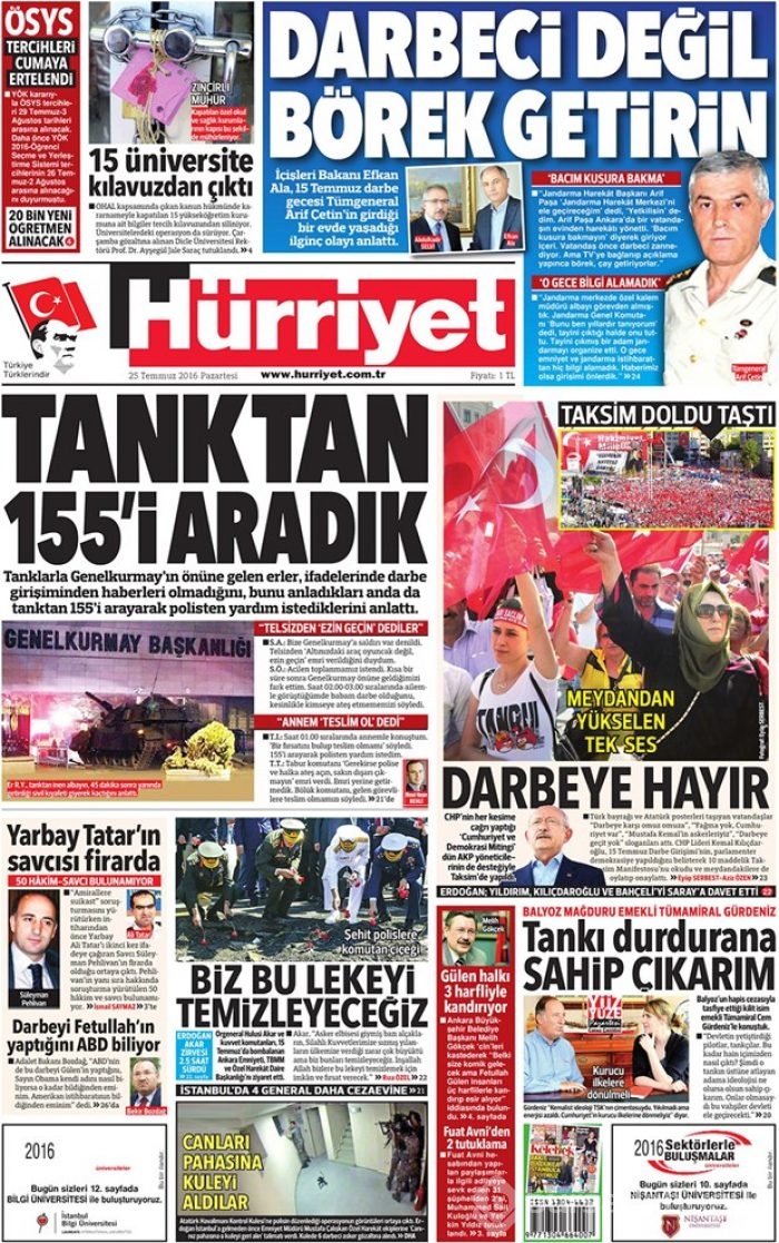 Günün gazete manşetleri  25 Temmuz 2016