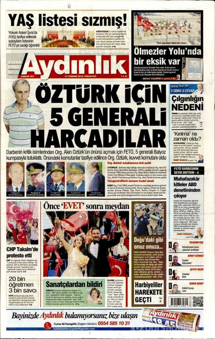 Günün gazete manşetleri  25 Temmuz 2016